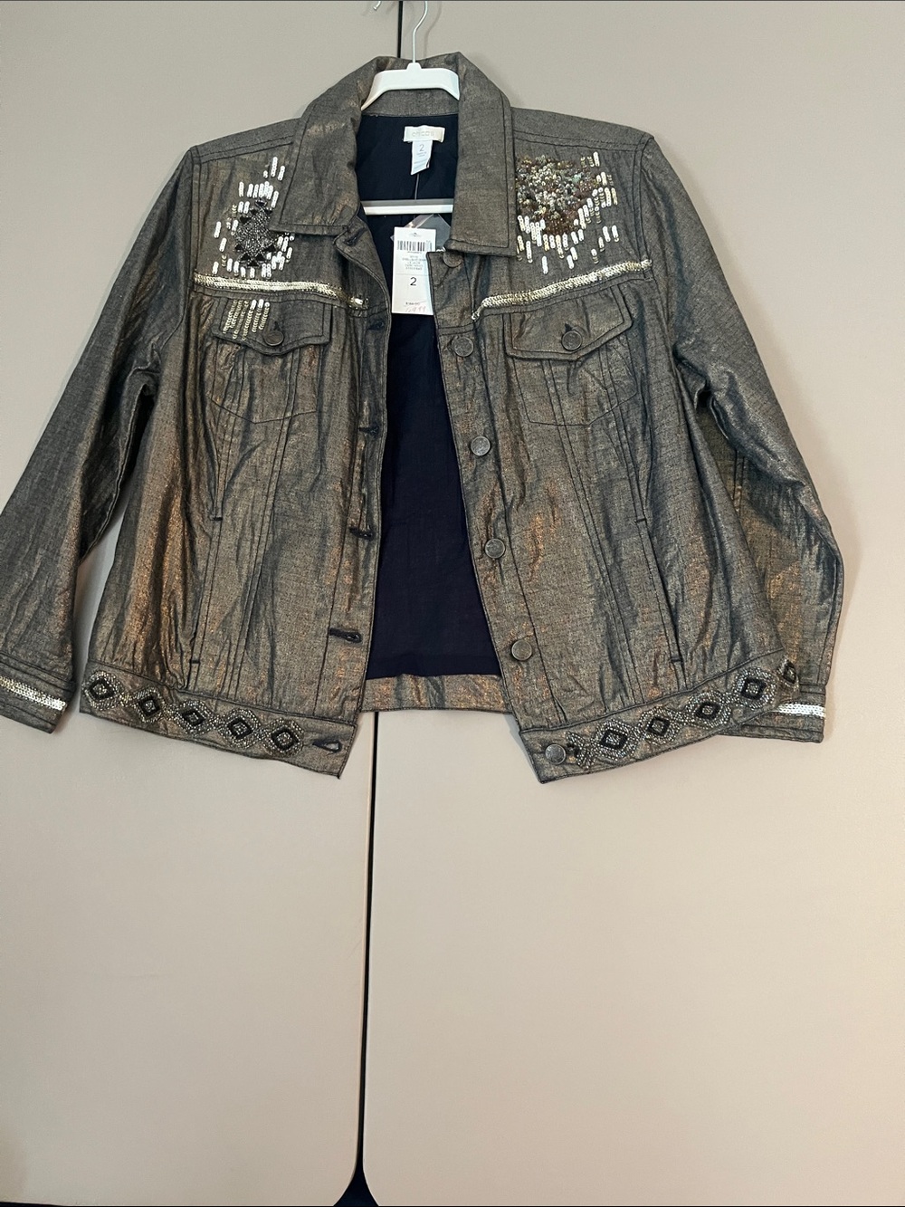 Chico's Metallic Bronze Jean Jacket with Bead Embellishments